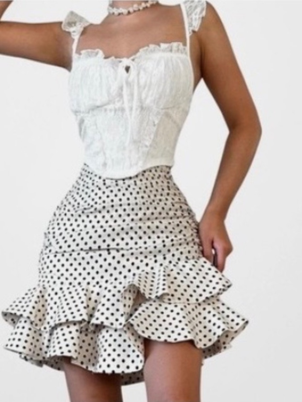 Zara White Mini Skirt with Black Polka Dots and Ruffle Hem